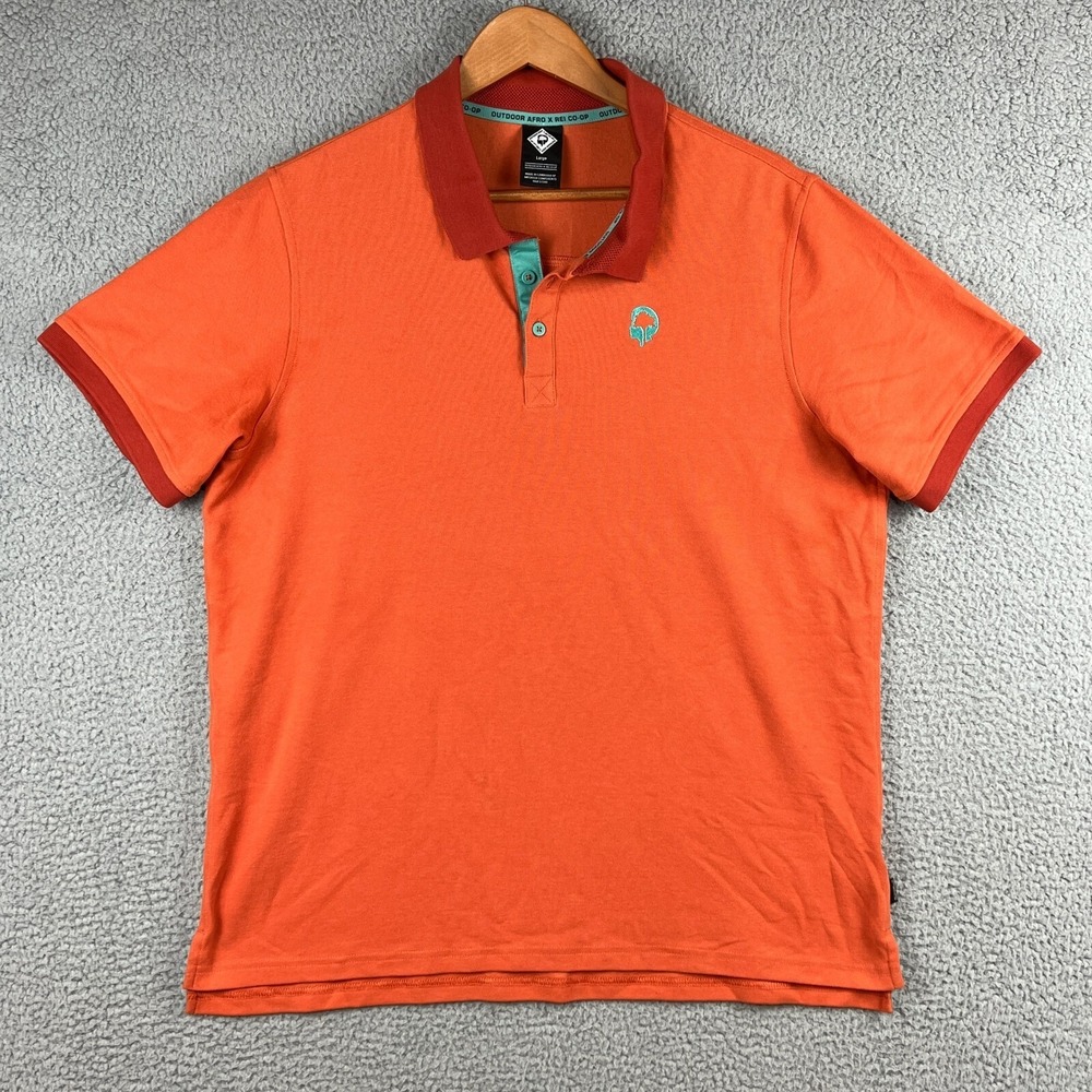 Outdoor Afro X‎ REI Co-Op Polo Shirt Mens Large Orange Casual Knit Collab